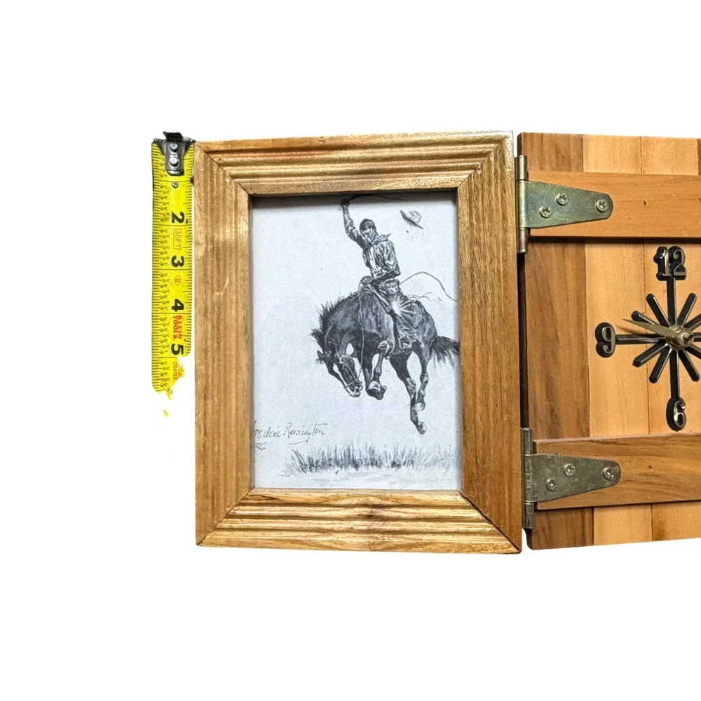 Vintage Rustic Wood Frederic Remington Western Triptych Desk Clock Picture Frame